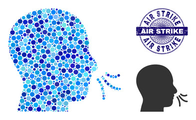 Round dot mosaic sniff icon and AIR STRIKE round grunge stamp. Blue stamp seal includes AIR STRIKE title inside circle and guilloche decoration. Vector collage is based on sniff symbol,