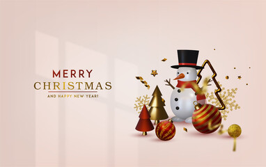Abstract Christmas 3D vector illustration with different golden stars, balls and snowman.