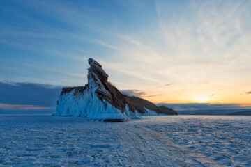 Dragon rock at Ogoy island, Baikal lake on sunrise , Russia
