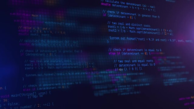 Developer working on program code. Hack or protection data. Website scripts digits and commands at computer screen. Modern hi-tech software development and blockchain concept. 3D technology background