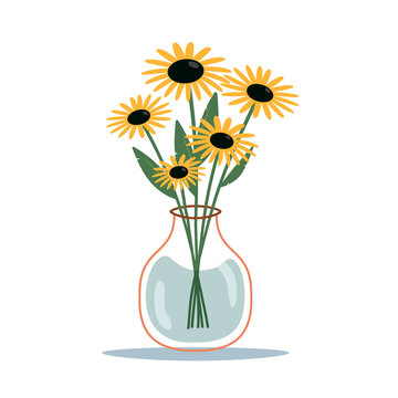 Boquet of sunflower in glass vase. Blooming flowers for interior design. Vector illustration.