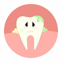 Dirty unfortunate tooth in cartoon style. Vector illustration on the topic of brushing teeth