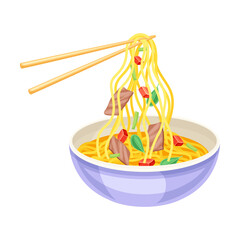 Bowl of ramen soup with chopsticks. Traditional Asian meal with noodles, broth, meat and vegetables vector illustration