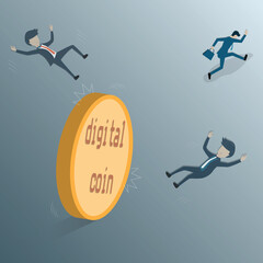 Flat design of business finance,The businessman run away from the yellow coin attacking - vector