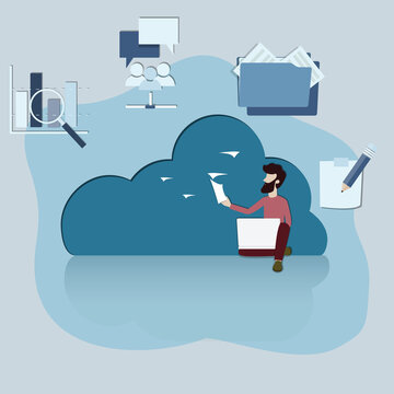 Flat of cloud technology,Young man takes a data sheet from the cloud - vector
