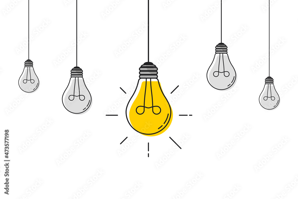 Aufkleber Hanging light bulbs with one glowing. Electric extinct lightbulbs set and one glowing. Concept of idea and choosing successful idea from many failed ones. Flat style. Vector illustration.