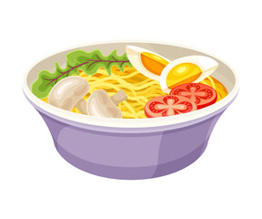 Bowl of noodles. Traditional Asian meal with eggs, meat, mushrooms and tomatoes vector illustration