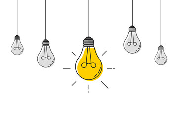 Hanging light bulbs with one glowing. Electric extinct lightbulbs set and one glowing. Concept of idea and choosing successful idea from many failed ones. Flat style. Vector illustration. - Powered by Adobe