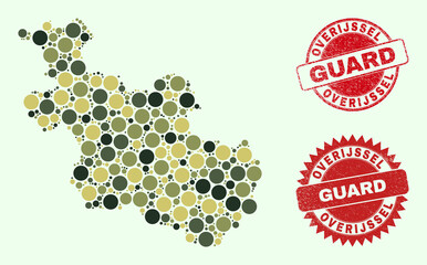 Vector circle parts combination Overijssel Province map in camouflage colors, and scratched seals for guard and military services. Round red seals contain word GUARD inside.