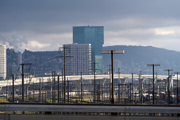 Skyline of City of Zürich with track field in the foreground seen from Europe Bridge at Zürich...
