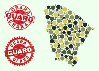 Vector circle parts combination Ceara state map in camouflage hues, and textured stamp seals for guard and military services. Round red stamp seals include phrase GUARD inside.