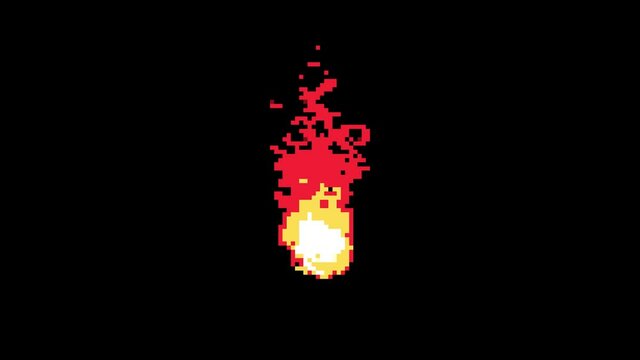 Pixel fire animation on a black background. 8 bit retro game, old school computer graphic style.