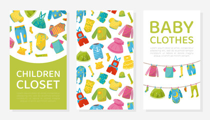 Children closet card templates set. Trendy collection of baby clothes. Flyer or brochure design vector illustration