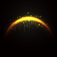 Magic golden arc. 3d realistic lighten gold arch. Fairy curve shiny line with sparkles stars and glitter. Curved luminous neon line with flying lights on a dark background. Vector card illustration