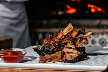 Rack of Lamb. lamb ribs on grill. banner, menu, recipe place for text