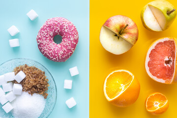 Healthy and unhealthy sugar, Yellow, pastel blue background, Juicy fruit in front of a sweet donut...