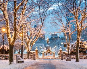 Boston in Massachusetts, USA with its Christmas Lights on.