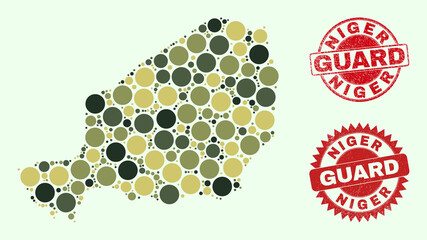 Vector round items combination Niger map in camouflage hues, and unclean stamps for guard and military services. Round red stamps have word GUARD inside.
