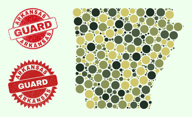 Vector circle items mosaic Arkansas State map in khaki colors, and dirty seals for guard and military services. Round red stamp seals include phrase GUARD inside.