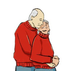 Old couple in red sweaters hugging