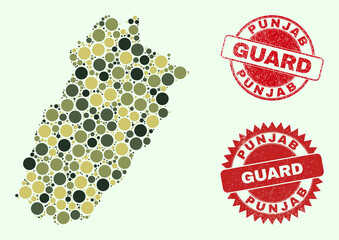 Vector circle elements mosaic Punjab Province map in camo colors, and textured watermarks for guard and military services. Round red watermarks have word GUARD inside.