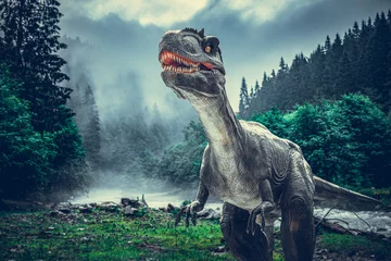 Zelfklevend Fotobehang Prehistoric dinosaur on the background of the ancient world. © Denis Rozhnovsky