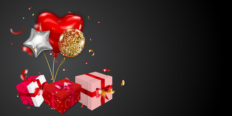 Vector illustration for Valentine's Day with helium balloons, small blurry pieces of serpentine and several red, pink and white gift boxes with ribbons, bows and pattern of hearts, on black background