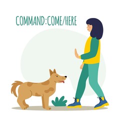 People training their pet dog set. The pet executes the command to lie down. The training process. Editable vector illustration Editable vector illustration