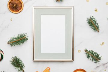 Photo frame with copy space, Christmas decoration on background. Top view. Mockup poster, Christmas concept.