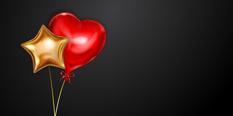 Vector illustration with two golden and red helium balloons, heart-shaped and star-shaped, on black background