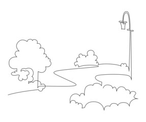 Landscape park with a path, trees and a lamppost. Continuous line drawing illustration. Silhouette footpath