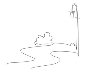 Landscape park with a path, trees and a lamppost. Continuous line drawing illustration. Silhouette footpath
