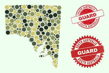 Vector round elements collage South Australia map in khaki hues, and rubber stamp imitations for guard and military services. Round red stamp seals have phrase GUARD inside.