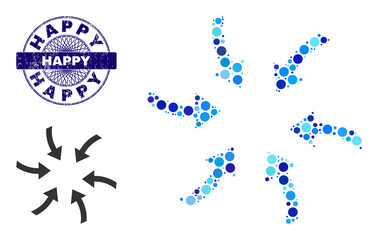 Round dot collage twirl arrows icon and HAPPY round textured seal. Blue seal includes HAPPY caption inside circle and guilloche decoration. Vector collage is based on twirl arrows icon,