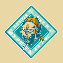 retro college patch of skull biting a candy, this cool image is suitable for extreme sport team logo like skateboard, bmx, etc, can be used t-shirt or merchandise design