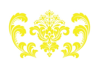 Damask graphic ornament. Floral design element. Yellow vector pattern