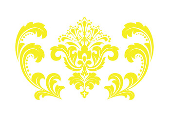 Damask graphic ornament. Floral design element. Yellow vector pattern