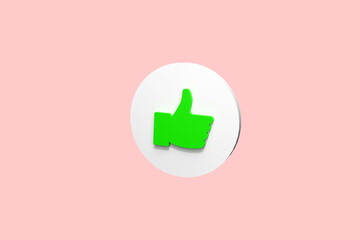 Thumb up icon from the color background. Concept of like at social network, success or good feedback. 3d rendering