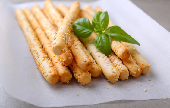Grissini sticks. Traditional italian bread sticks with sesame seeds