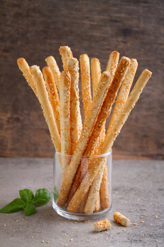 Grissini sticks. Traditional italian bread sticks with sesame seeds