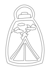 A tourist tent in the forest among the fir trees under the night sky, located inside the lantern. Outline on a white background cartoon hand drawn illustration