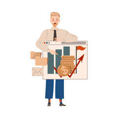 Businessman presenting report. Male entrepreneur taking part in business activities vector illustration