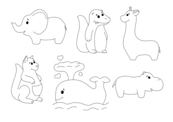 The contours of a giraffe, crocodile, hippo, kangaroo, elephant, whale on a white background. Hand drawn illustration of six different animals