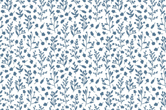 Seamless botanical pattern in blue and white. 