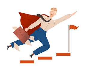 Superhero businessman running up on stairs climbing to success vector illustration