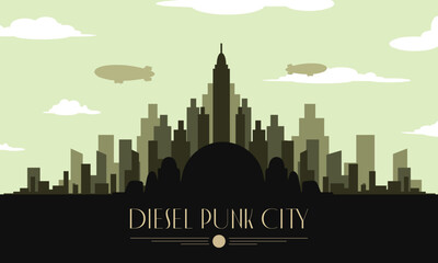 Diesel punk skyline city vector urban landscape in 1950's. Retro City scape.