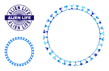 Round dot collage virus shell icon and ALIEN LIFE round rubber seal. Blue stamp includes ALIEN LIFE text inside circle and guilloche pattern. Vector collage is based on virus shell icon,