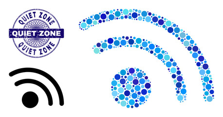 Circle mosaic Wi-Fi access point icon and QUIET ZONE round grunge stamp print. Blue stamp includes QUIET ZONE title inside circle and guilloche technique.