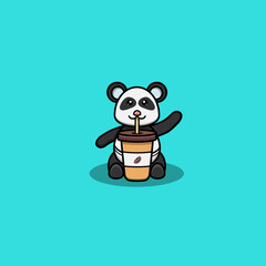 Cute Baby Panda Drink Coffee. Character, Logo, Icon And Inspiration Design.