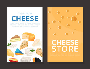 Cheese store card template. Natural organic premium product flyer, cover, menu design cartoon vector illustration